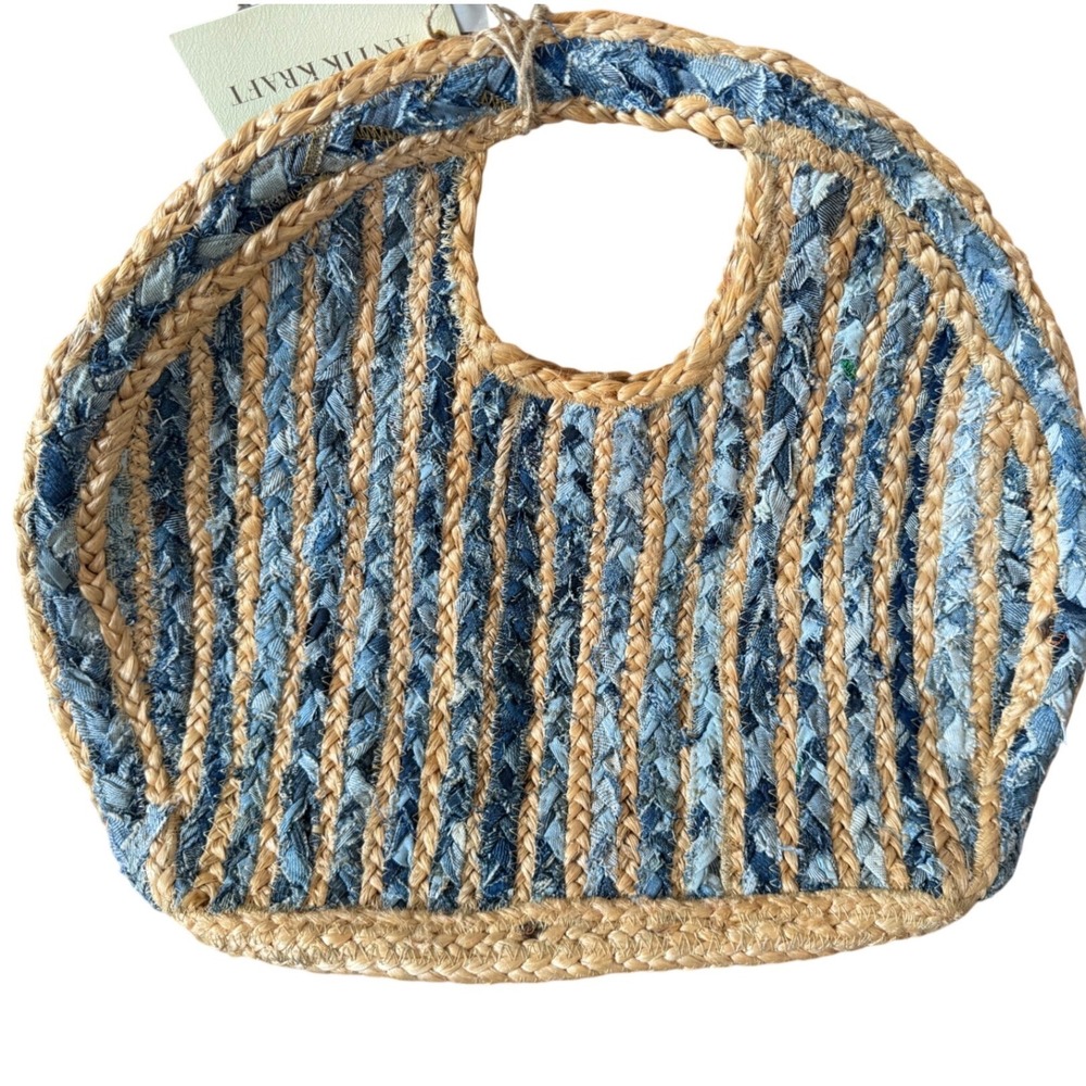 Antik Kraft Jute Natural Fiber Denim Braided Inserts Large Summer Tote Bag NWT - Picture 3 of 6